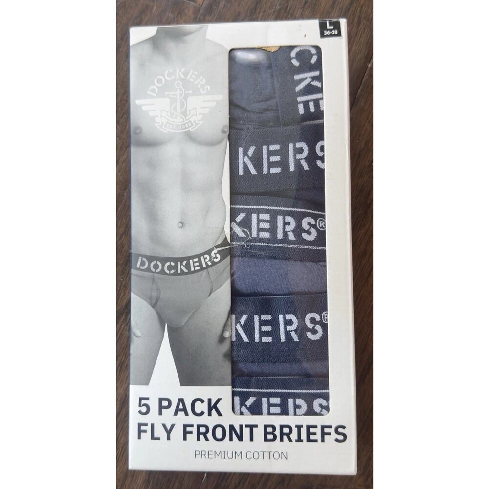 Dockers Men’s Fly Front Briefs 5 Pack Premium Cotton Navy Size Large 36-38 NIB
